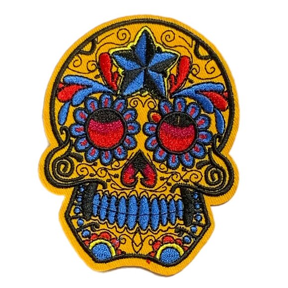 Orange Blue Black Star Sugar Skull Iron on Patch Embroidered Dia de los Muertos - Picture 1 of 4